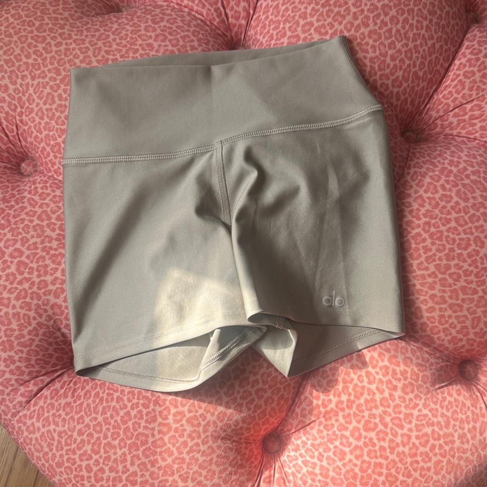 ALO Yoga Light Gray/Golden High-Waist Bike Shorts